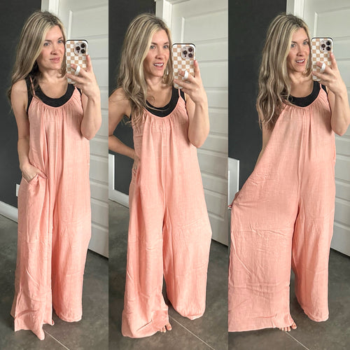 Casual Jumpsuit With Pockets In Natural Blush - Maple Row Boutique 