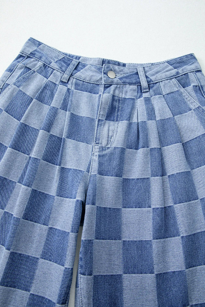Checkered Wide Leg Jeans with Pockets - Maple Row Boutique 
