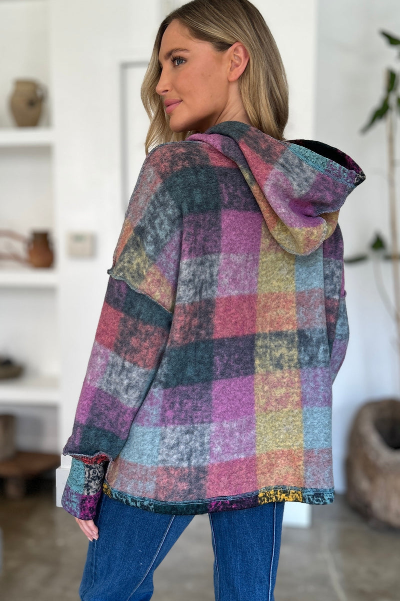 Double Take Full Size Plaid Dropped Shoulder Hoodie - Maple Row Boutique 