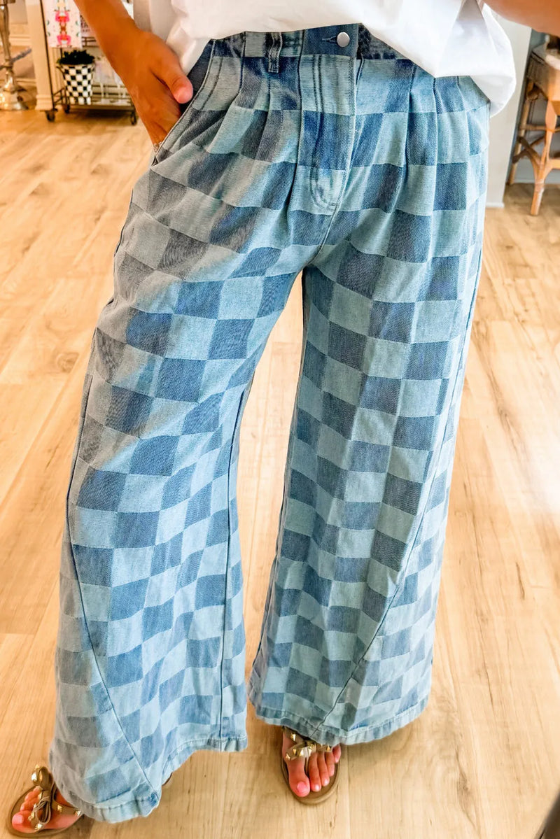Checkered Wide Leg Jeans with Pockets - Maple Row Boutique 