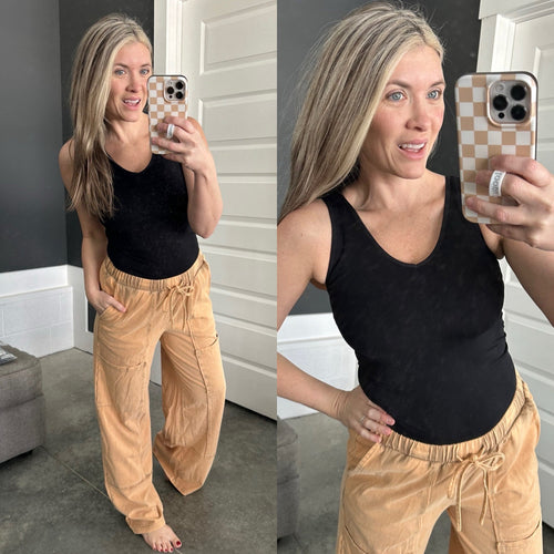 Soft, Wide Leg Cargo Pants With Pockets In Muted Marigold - Maple Row Boutique 