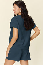 Double Take Full Size Texture Short Sleeve T-Shirt and Drawstring Shorts Set - Maple Row Boutique 