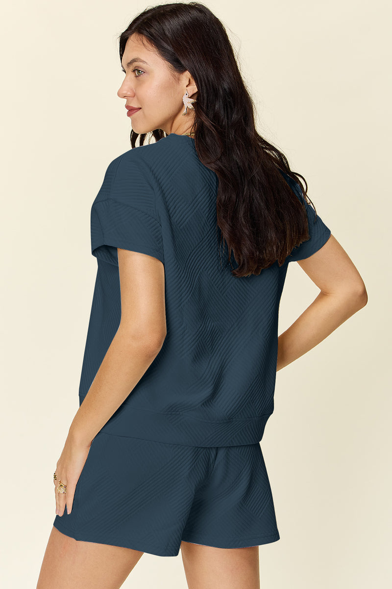 Double Take Full Size Texture Short Sleeve T-Shirt and Drawstring Shorts Set - Maple Row Boutique 