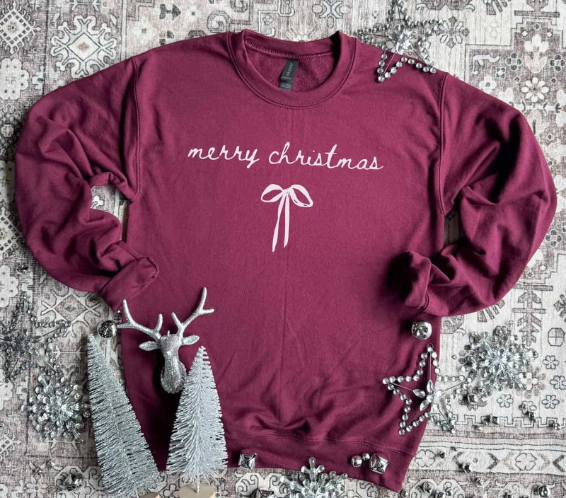 Saturday Steal Merry Christmas Bow Crewneck in Burgundy