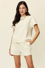 Double Take Full Size Texture Short Sleeve T-Shirt and Drawstring Shorts Set - Maple Row Boutique 