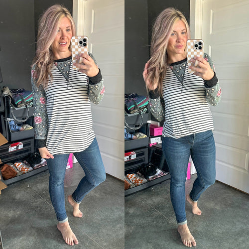 Raglan Sleeve Rose and Leopard Contrast Top In Black & White Stripes - Maple Row Boutique 