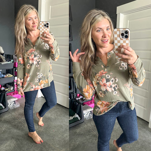 Gabby Front Cozy Long Sleeve Top In Olive Florals - Maple Row Boutique 