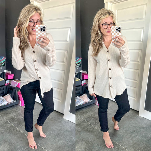 Button Front Waffle Knit Top In Country Whisper - Maple Row Boutique 