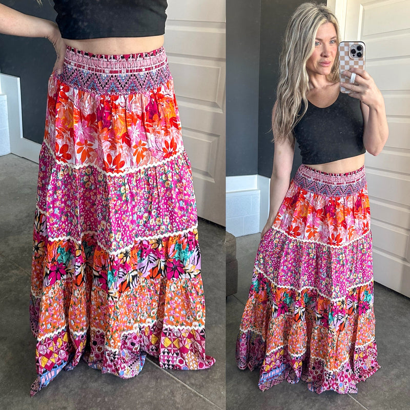 Patchwork Tiered Skirt In Bohemian Multicolors - Maple Row Boutique 