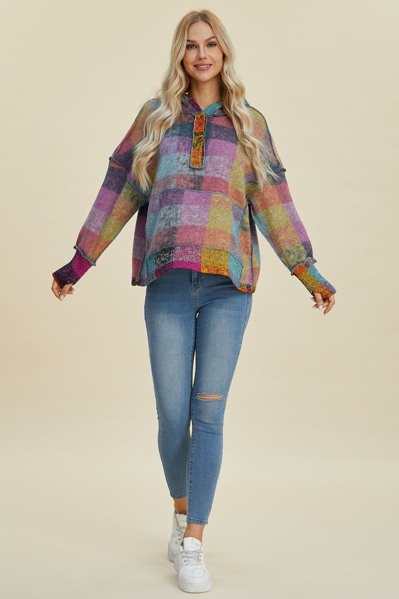 Double Take Full Size Plaid Dropped Shoulder Hoodie - Maple Row Boutique 