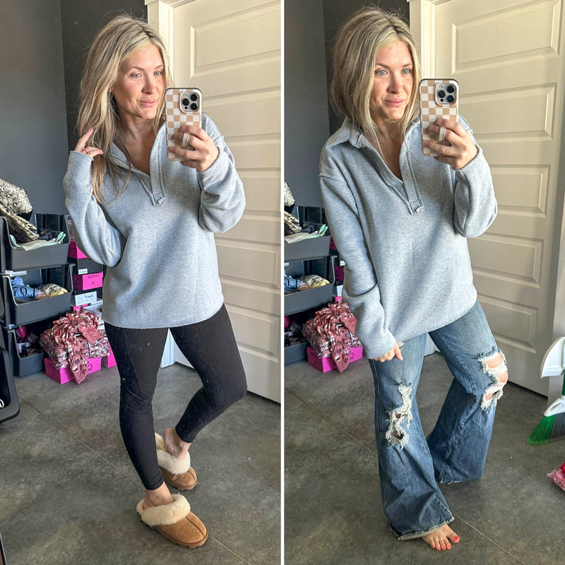 Ultra Soft Collared Pullover In Heathered Grey - Maple Row Boutique 