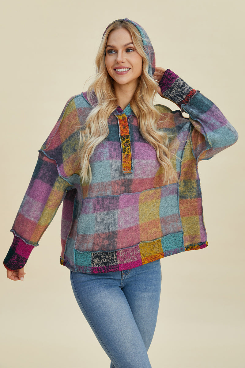 Double Take Full Size Plaid Dropped Shoulder Hoodie - Maple Row Boutique 