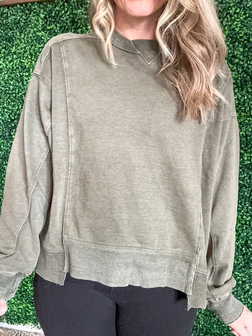 Quick Fix Mineral Wash Crew Neck Pullover in Army Green - Maple Row Boutique 