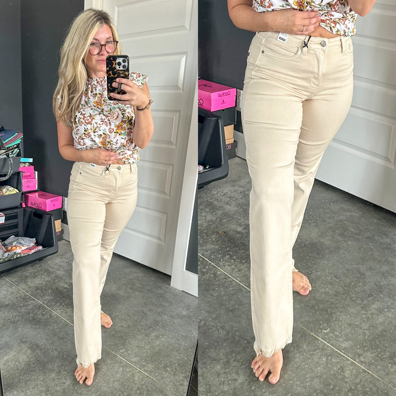 Straight Fit Destroyed Hem Judy Blue Jeans In Natural Beige - Maple Row Boutique 