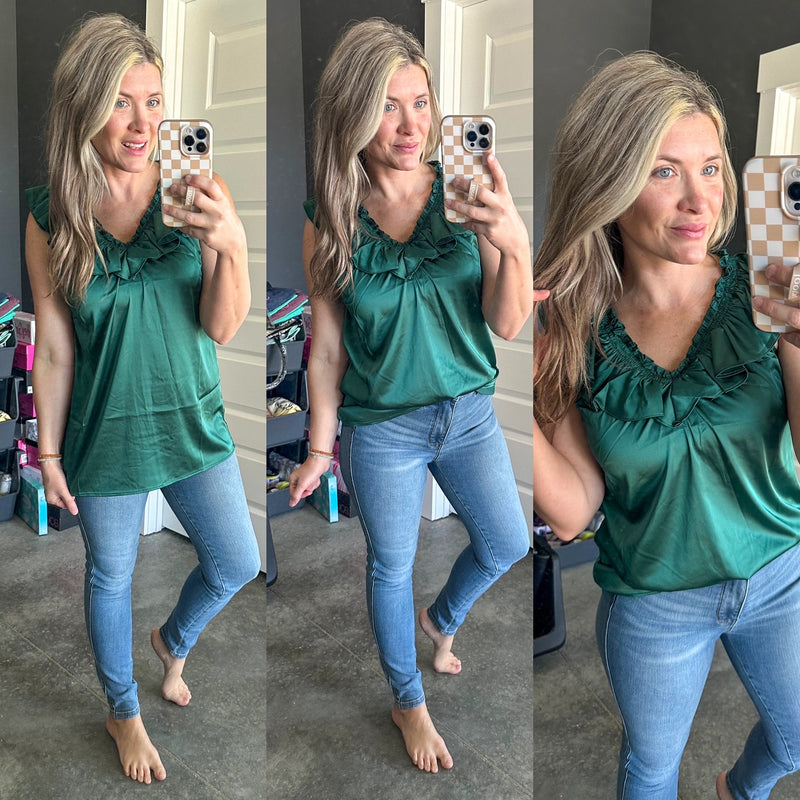 Satin Ruffled V Neck Blouse In Rich Emerald Green - Maple Row Boutique 