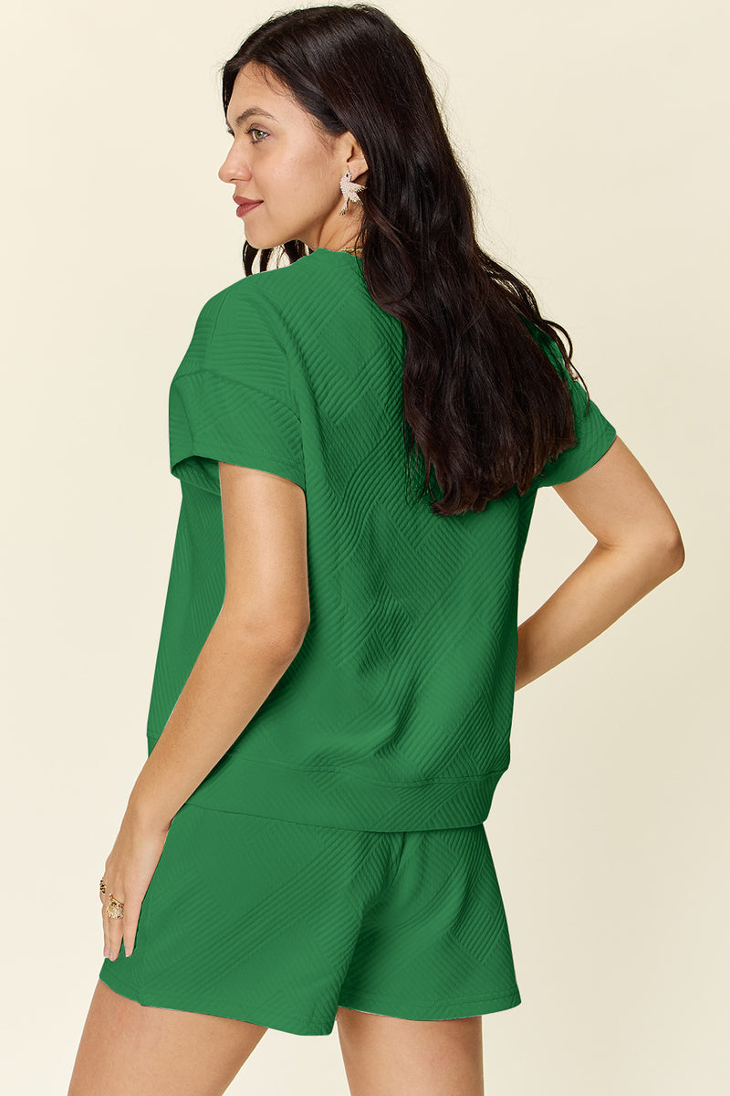 Double Take Full Size Texture Short Sleeve T-Shirt and Drawstring Shorts Set - Maple Row Boutique 