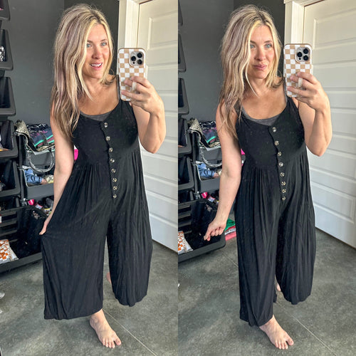Button Down Jumpsuit In Natural Black - Maple Row Boutique 