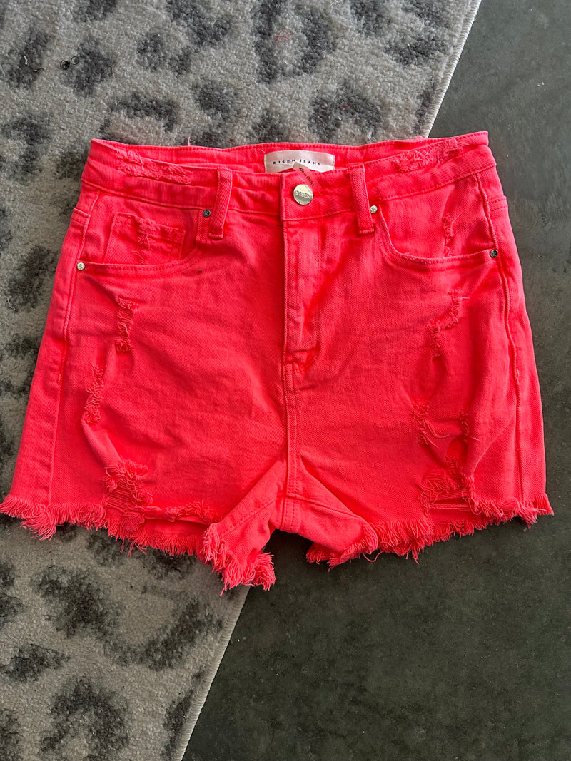 Neon Coral Denim Shorts - Maple Row Boutique