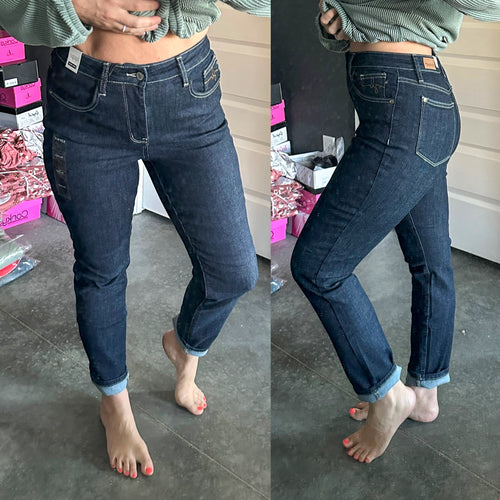 High Waisted Judy Blue Straight Leg Mom Jeans In Dark Wash - Maple Row Boutique 
