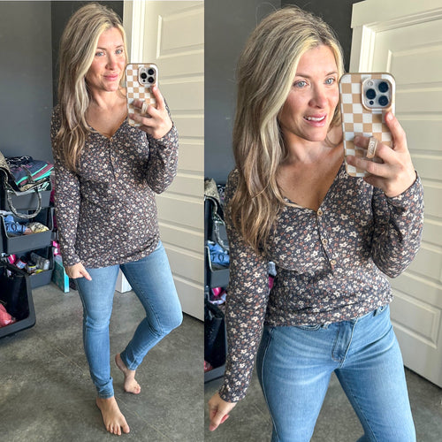 Button Front Floral Henley Top In Navy - Maple Row Boutique 