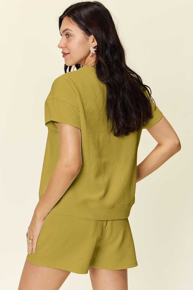 Double Take Full Size Texture Short Sleeve T-Shirt and Drawstring Shorts Set - Maple Row Boutique 