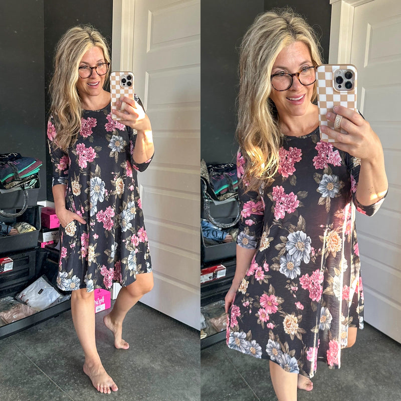 Shift Dress With Pockets In Slate Gray With Colorful Peony - Maple Row Boutique 