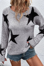 Star Round Neck Dropped Shoulder Sweater - Maple Row Boutique 