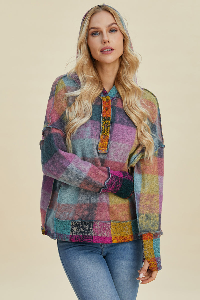 Double Take Full Size Plaid Dropped Shoulder Hoodie - Maple Row Boutique 