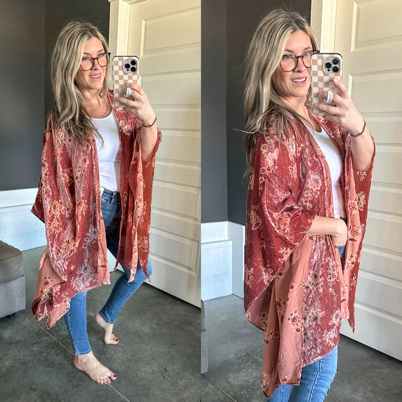 Ultra Soft Floral Kimono In Dusty Pink Velvet - Maple Row Boutique 
