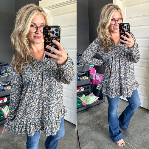Long Sleeve Babydoll Top With Ruffle Hem Detail In Teal Florals - Maple Row Boutique 