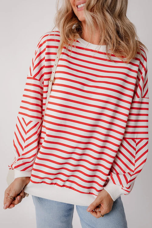 Striped Dropped Shoulder Long Sleeve Sweatshirt - Maple Row Boutique 