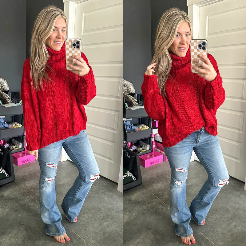 Cozy Cable Knit Sweater In Christmas Red - Maple Row Boutique 