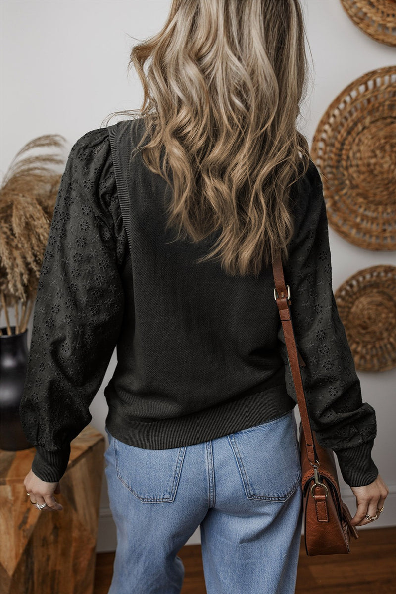 Eyelet Round Neck Long Sleeve Sweatshirt - Maple Row Boutique 