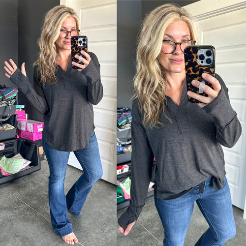 Collared Long Sleeve Top With Thumb Holes In Charcoal - Maple Row Boutique 