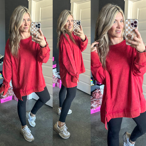 Oversized Sweatshirt Pullover With Raw Seam Detail In Red - Maple Row Boutique 