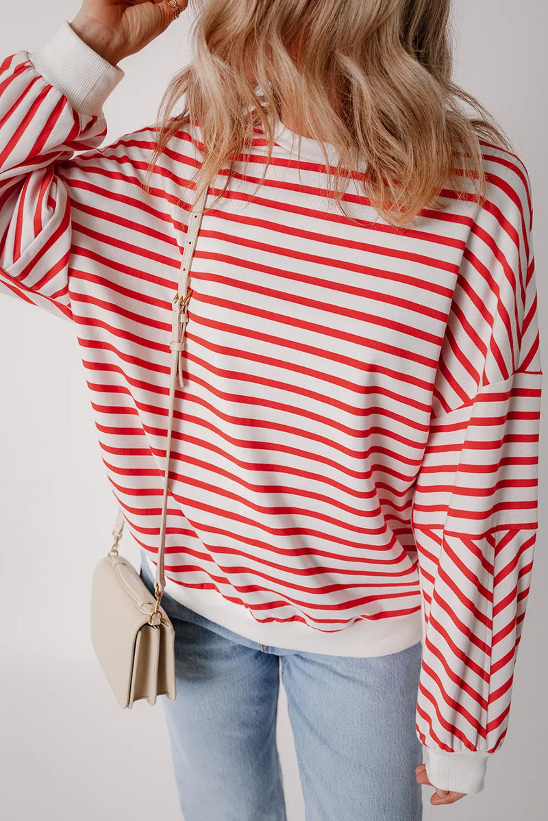 Striped Dropped Shoulder Long Sleeve Sweatshirt - Maple Row Boutique 
