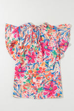 Ruffled Printed Tie Neck Cap Sleeve Blouse - Maple Row Boutique 