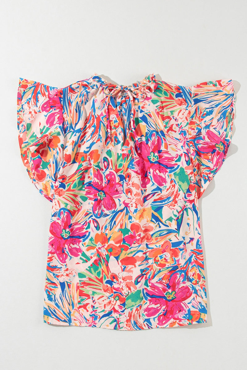 Ruffled Printed Tie Neck Cap Sleeve Blouse - Maple Row Boutique 