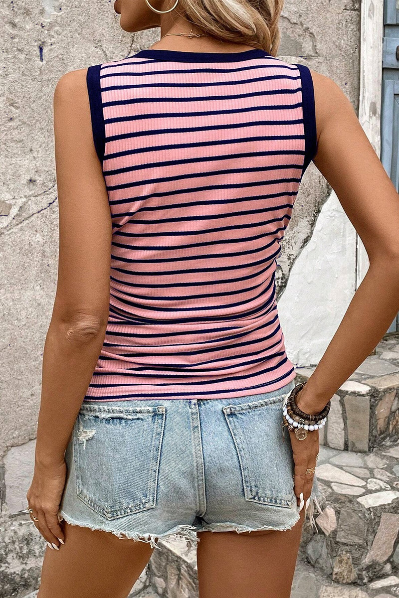 Striped Contrast Round Neck Tank - Maple Row Boutique 