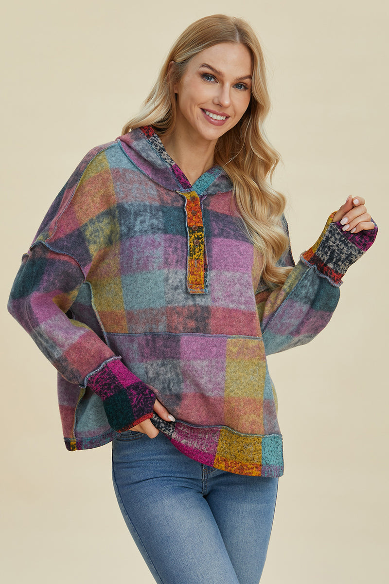 Double Take Full Size Plaid Dropped Shoulder Hoodie - Maple Row Boutique 