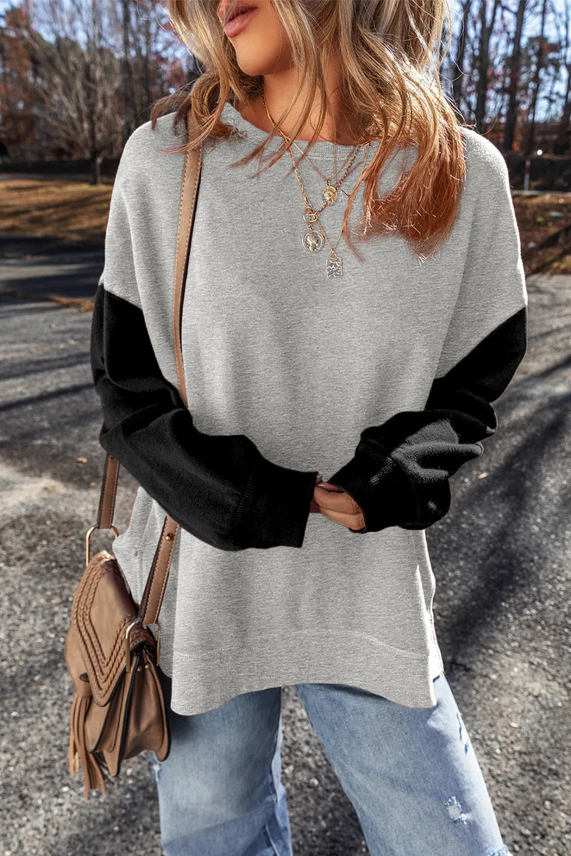 Contrast Round Neck Long Sleeve Sweatshirt - Maple Row Boutique 