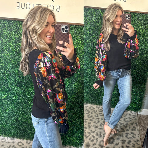 She is the Party Floral Sequins Mesh Sleeve Top - Maple Row Boutique