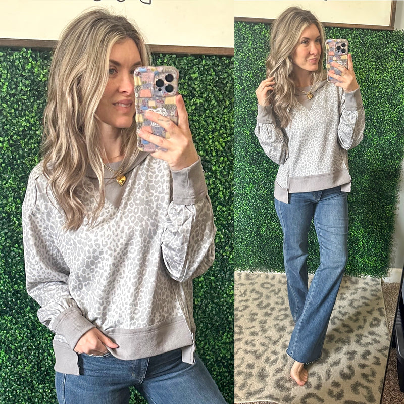 Leopard Pullover In Heathered Grey - Maple Row Boutique