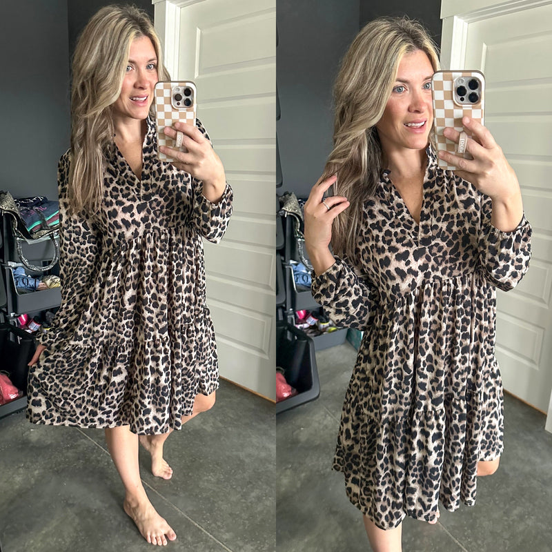Gabby Front Tiered Long Sleeve Dress In Animal Print - Maple Row Boutique 