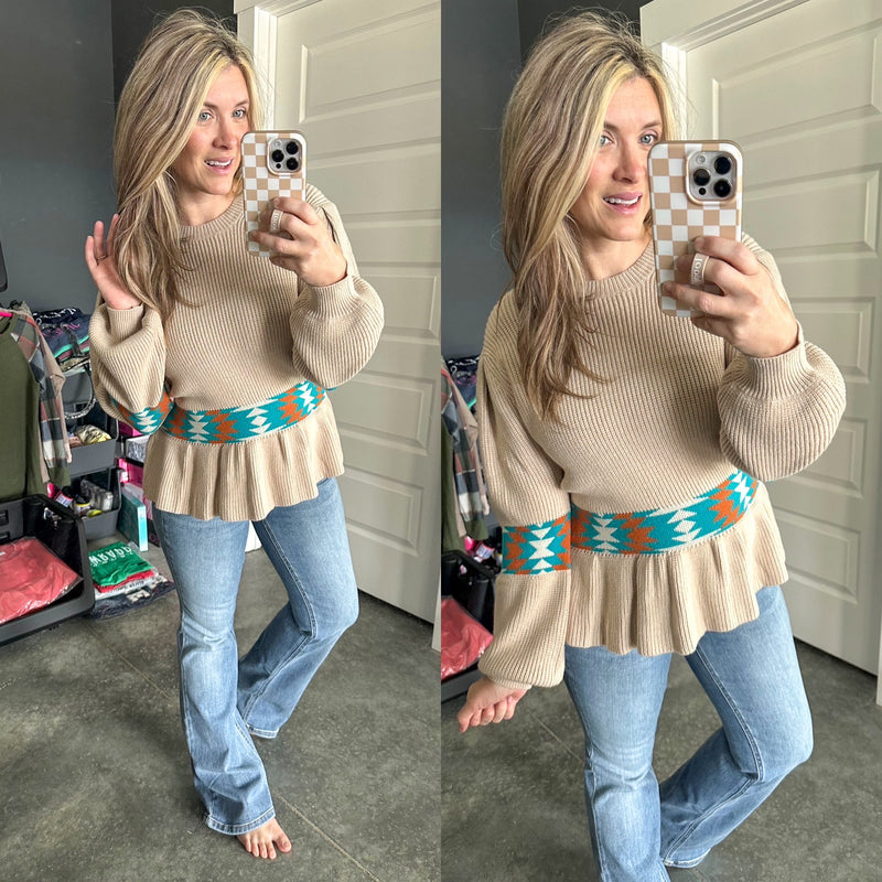 Long Sleeve Peplum Knit Sweater In Southwest Aztec - Maple Row Boutique 