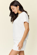 Double Take Full Size Texture Short Sleeve T-Shirt and Drawstring Shorts Set - Maple Row Boutique 