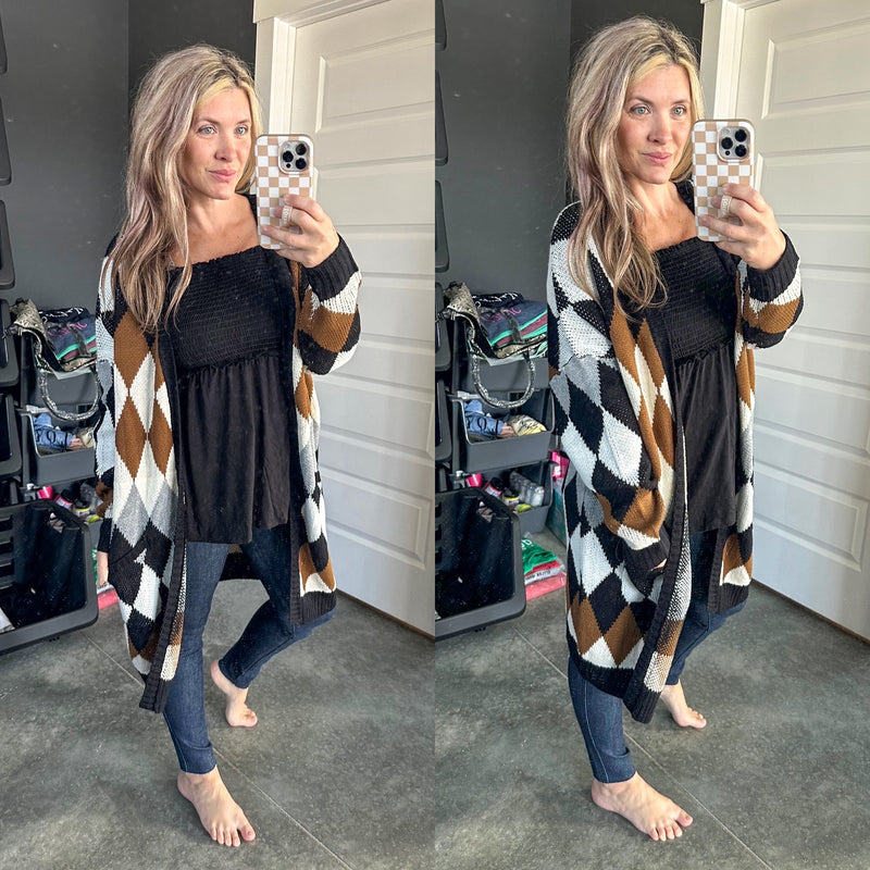 Diamond Patterned Open Front Cardigan In Black, Toffee, Gray & White - Maple Row Boutique 