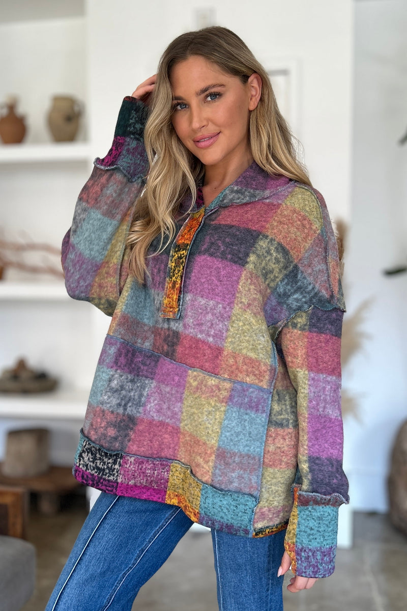 Double Take Full Size Plaid Dropped Shoulder Hoodie - Maple Row Boutique 