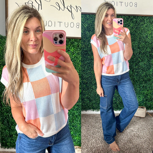 Color Block Round Neck Cap Sleeve Knit Top - Maple Row Boutique 