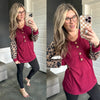 Long Sleeve Button Front Henley In Burgundy & Leopard - Maple Row Boutique 